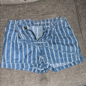American Eagle Outfitters Blue and White Striped High-Waist Paperbag Shorts